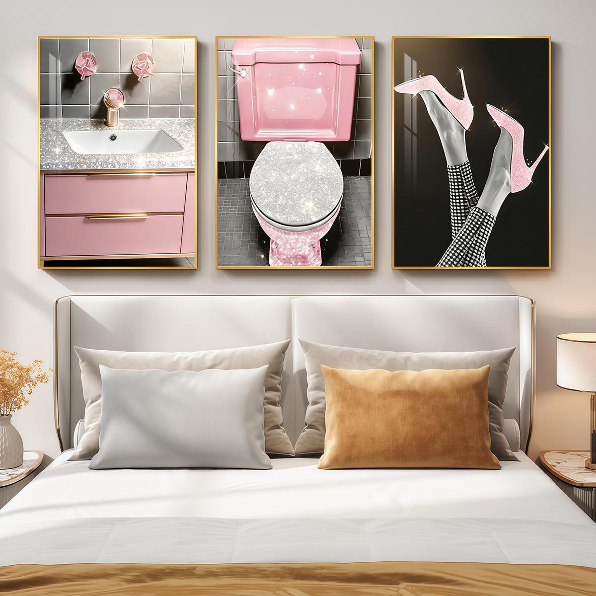 3 Counts Aluminum Alloy Framed Painting, Pink Glam Bathroom And High Heels Art Pictures, Home Decoration For Living Room, Bedroom, Office, Restaurant, Hallway Wall Decor, Odorless Print Artwork, Luxury Perfect Gift For Friends And Family
