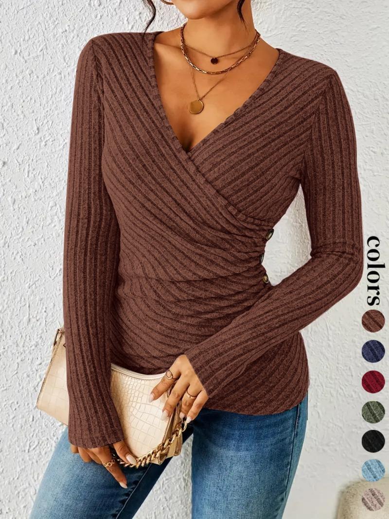 Women's New Style Solid Color Crinkle Cross Neck Long Sleeve Button Front Top, Casual Fashion Blouse for Daily Wear