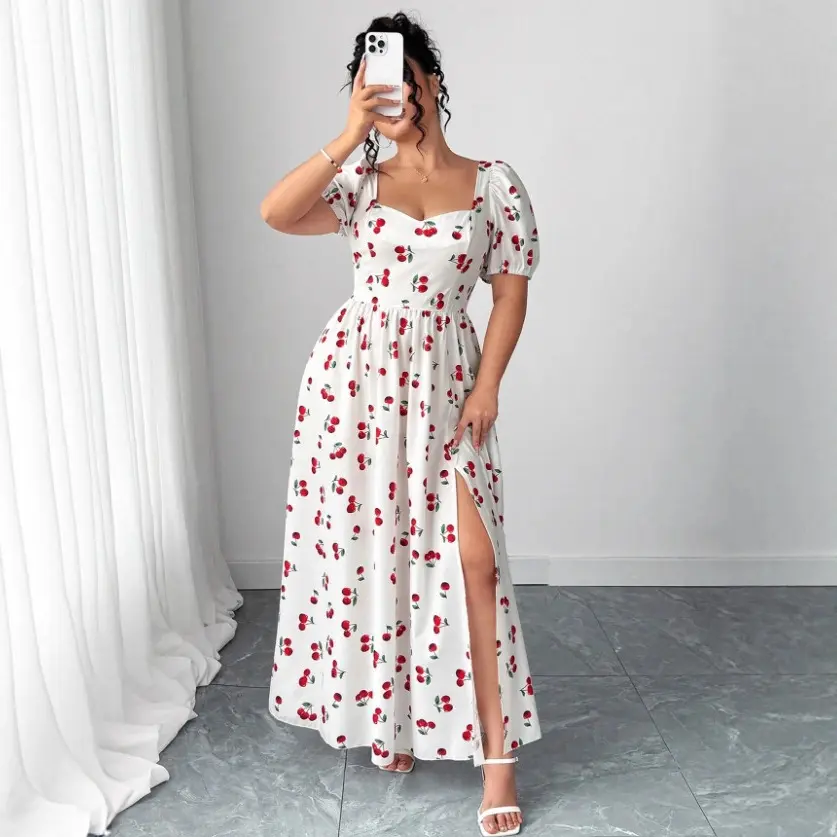 Plus Size Casual Square-Neck Slimming Cherry Print Sports Dress