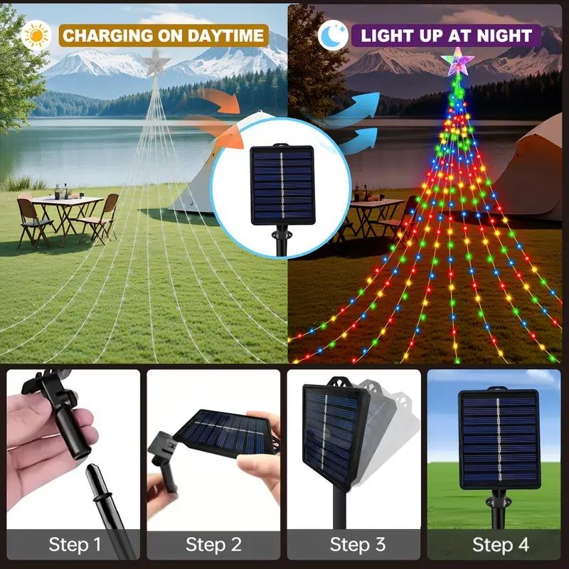 Solar Christmas Waterfall Lights, 200 LED Outdoor Waterproof String Lights, 8 Modes Fairy Lights for Holiday Decorations, Led Star Light