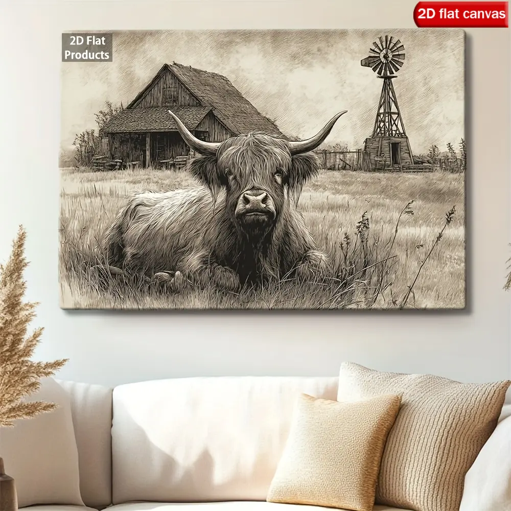 1 Pc Wood‑Framed Canvas Wall Art, 2D Flat Print Wrapped Canvas Art, Farmhouse Style Highland Cow With Barn & Windmill Print, Soft‑Tone Vintage Scottish Landscape Wall Art For Home Decoration