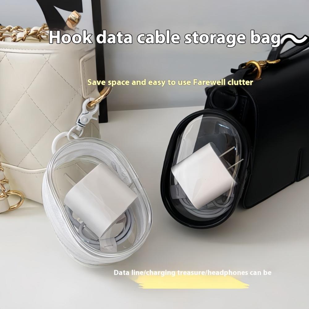 1pc Oval Zippered Plastic Packing Organizer for Apparel - Mini Portable Earbud, Cable and Charger Storage Case with Keychain - Travel Pouch for Accessory Organization Headphone Bag