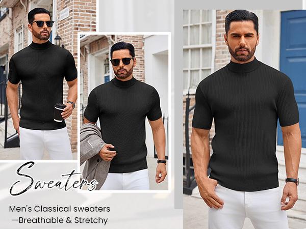 COOFANDY Lightweight Men's Mock Turtleneck Sweater Short Sleeve Casual Basic Tops Ribbed Knit Pullover Solid Tee（100%Polyester）