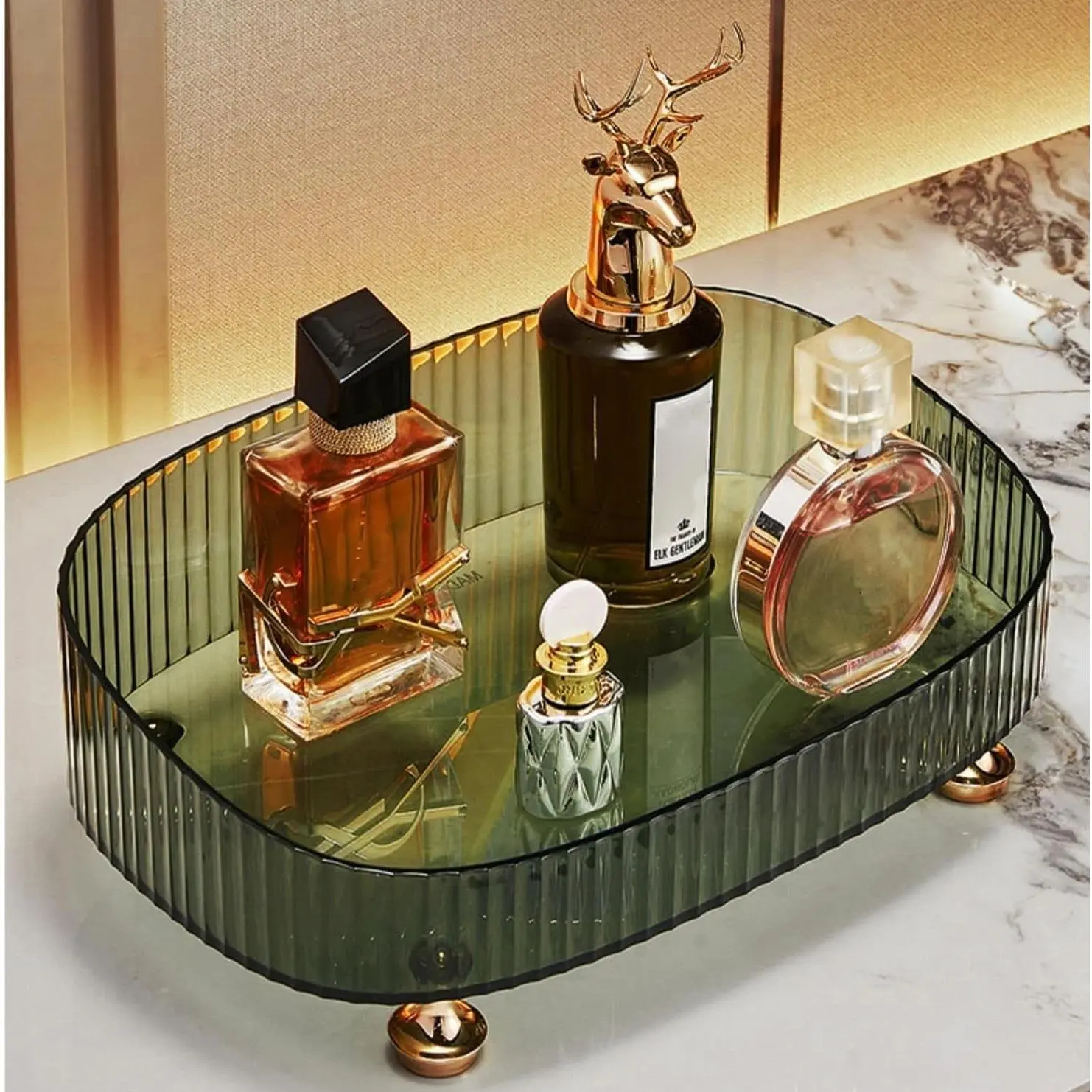 Makeup Perfume Organizer, Bathroom Vanity Tray, Decorative Dresser Tray, Countertop Organizer Tray for Cosmetics, Dark Green