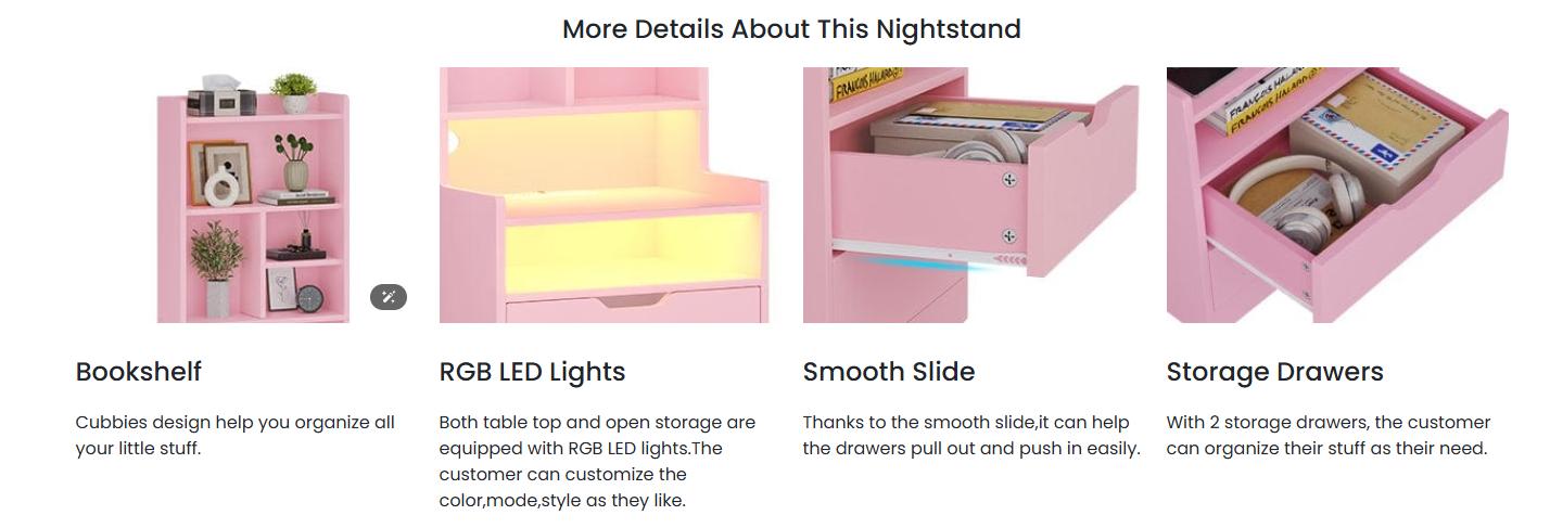 Sikaic LED Tall Nightstand with Bookshelf Charging Station Modern Bedside Table with 2 Storage Drawers and Open Storage Space Bedroom Pink Aesthetic