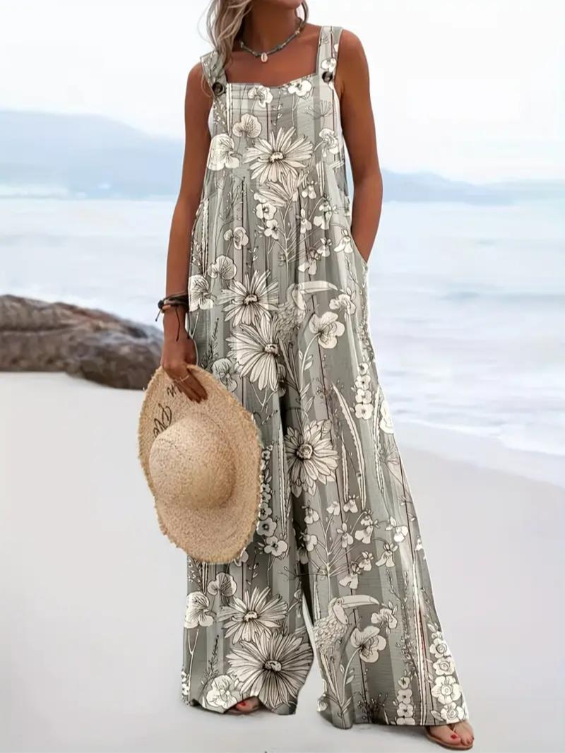 Plus Size All Over Print Button Design Overall Jumpsuit, Boho Sleeveless Wide Leg Jumpsuit for Beach Holiday Vacation, Women's Clothes for Summer