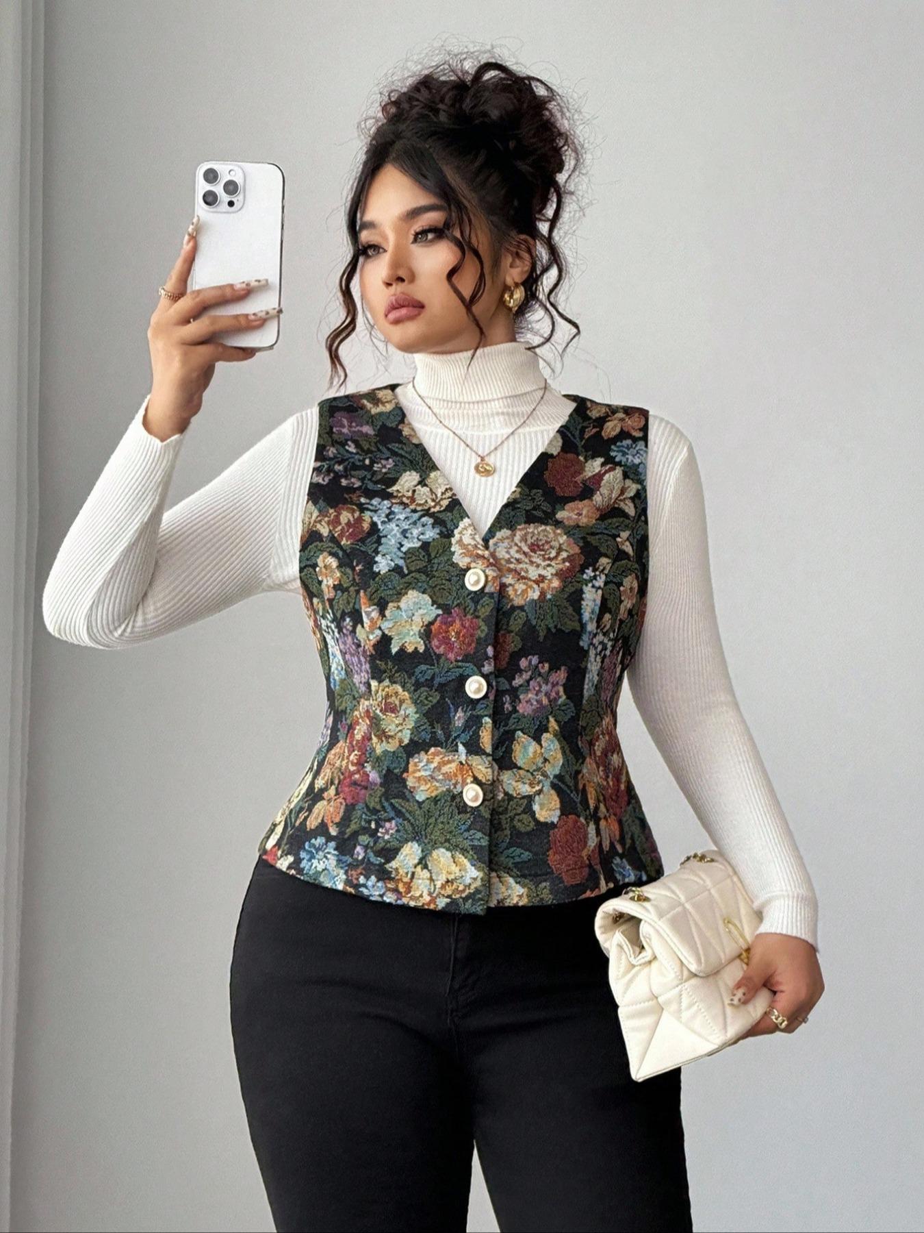 Women's Plus Size Casual Ethnic Pattern Vest Top, Sleeveless Vintage Button Design, Perfect for, Parties, Daily Wear