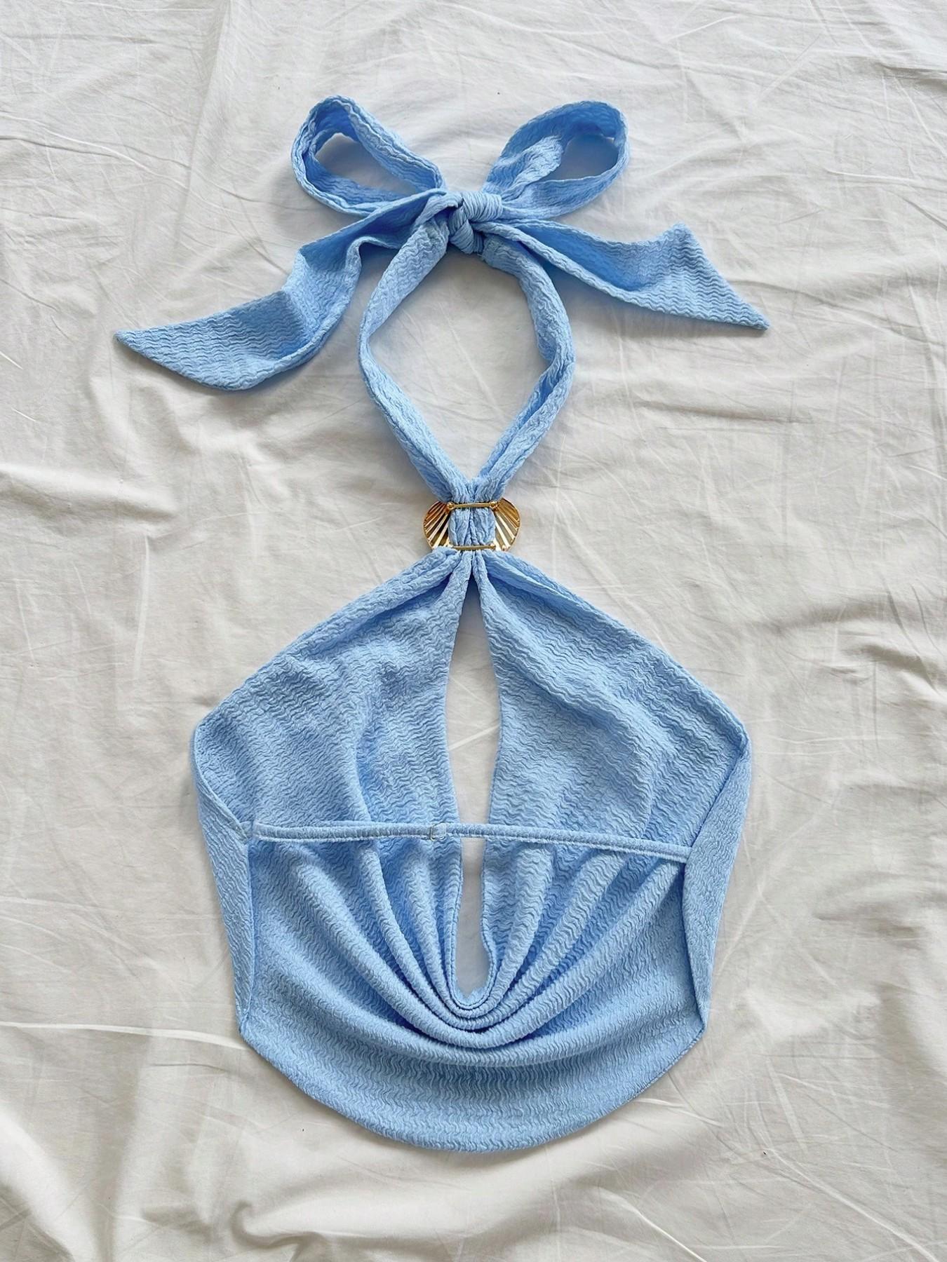 Women's Fresh Style Ruffled Halter Top, Shell Metal Buckle Accent Tie Design, Soft Breathable Fabric, Casual Fashion