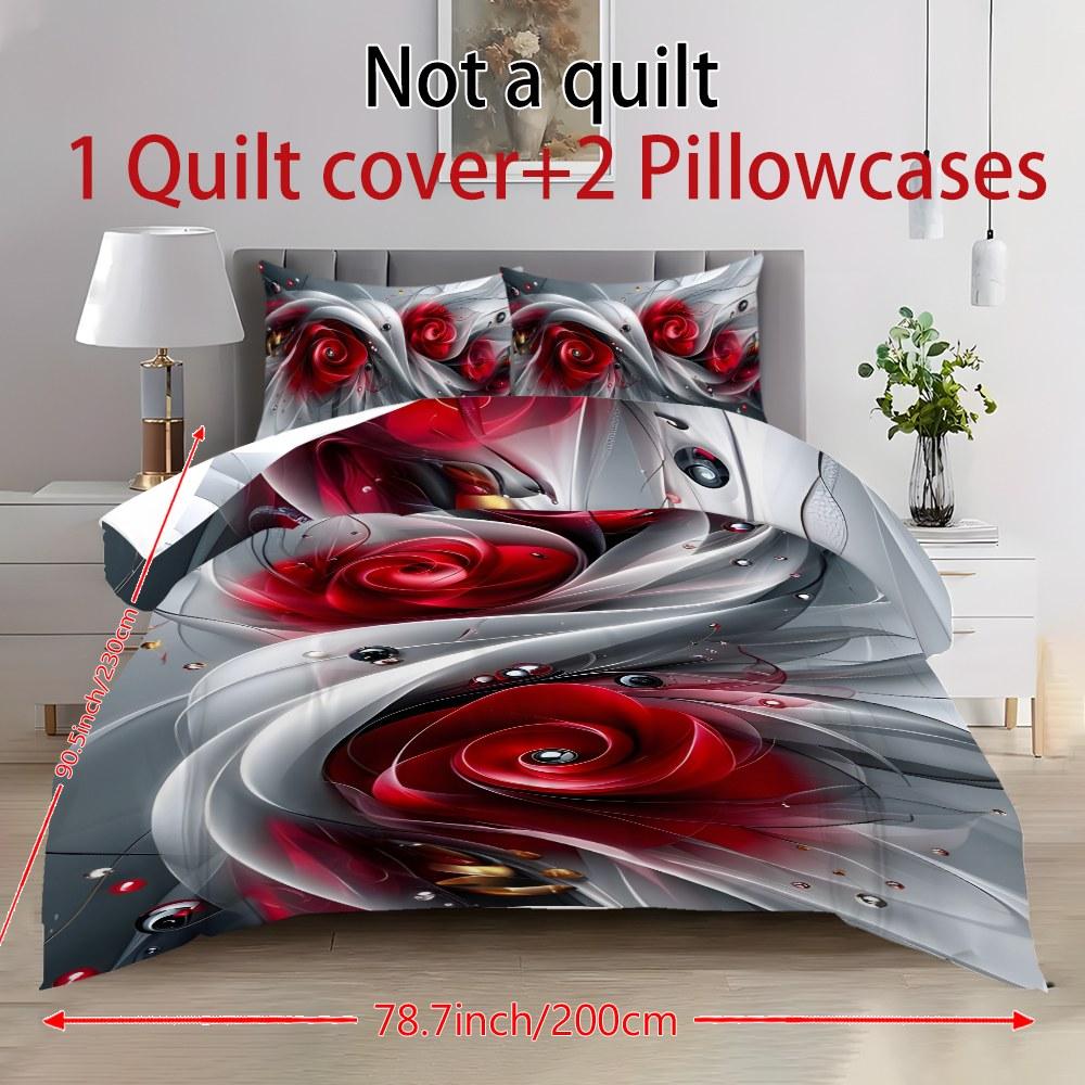 Three-piece bedding set - 2pcs/3pcs 2D Flat silver, white, and red rose abstract pattern duvet cover set (1 duvet cover + 1/2 pillowcases, no insert), multi-color printed bedding set, soft and comfortable, suitable for family bedrooms and guest rooms.