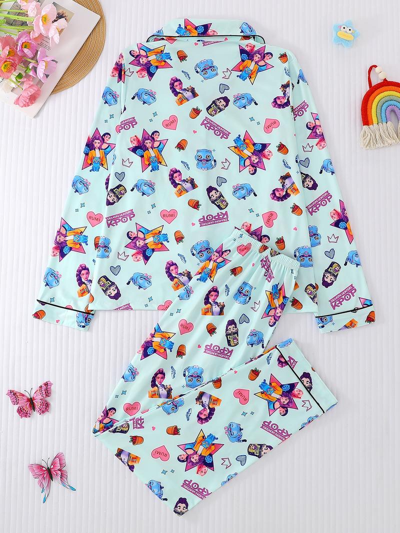 Women's Cartoon Sleepwear Set, Cute Heart Pattern, Comfortable Loose Fit, All-Season Wear, Casual Home Clothing, 2 Piece
