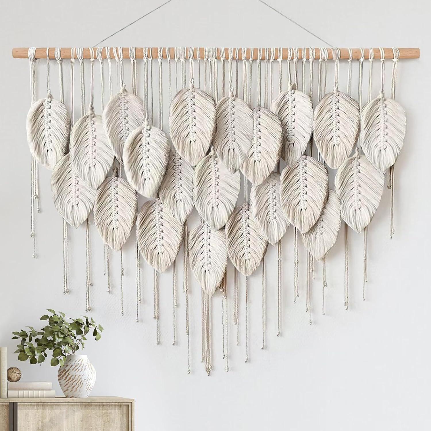 Large Handmade Leaf Fringe Wall Hangings, Bohemian Style Macrame Wall Decor, Wooden Stick Wall Art, Bed Headboard Decoration, Above Bed Wall Decor