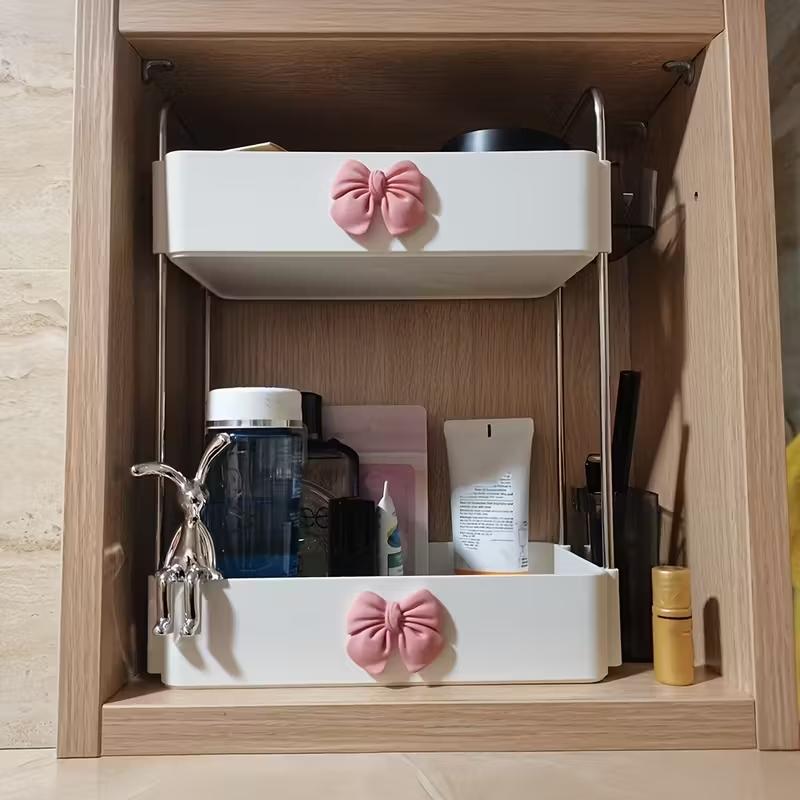 Two-Layer Makeup Storage Box with Rabbit Bow Decor, Multifunctional Bathroom Organizer, Compact Space-Saving Design, Perfect Gift