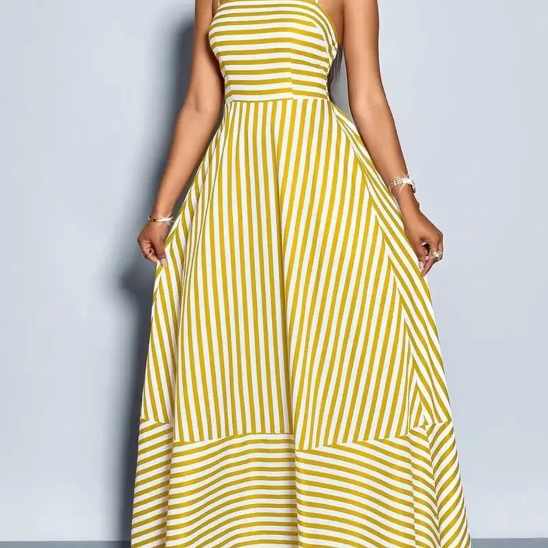 Women's Casual Fit Flowy Striped Sleeveless Long Dress with Pockets, Perfect for Vacation, Commuting & Daily Wear, Elegant Beach Sundress