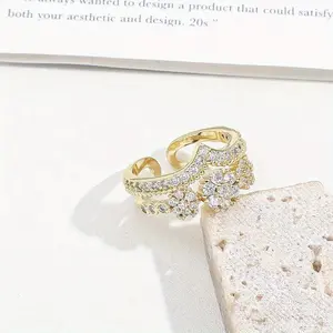 Royal Style Ring Inlaid with Sparkling Zirconia Double-Layer Design Adjustable Cuff Ring Multiple Colors Available Banquet Party Decoration