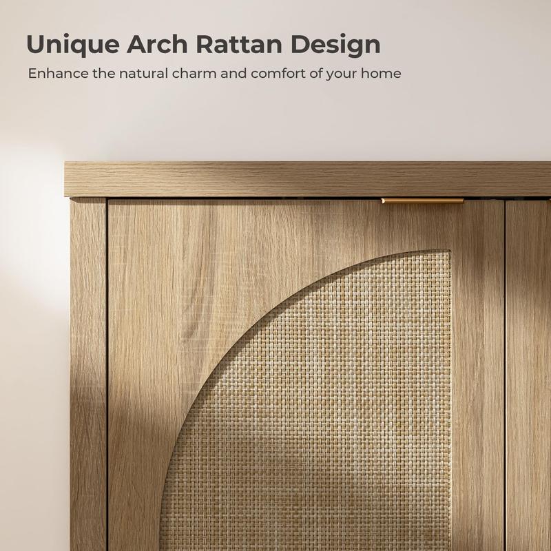 SICOTAS Accent  Storage Cabinet with Rattan Doors, Room Decor Sideboard Buffet Cabinet with Adjustable Shelves, Multifunctional Console Table Rattan Credenza for Dining Room Living Room Entryway, Versatile Design
