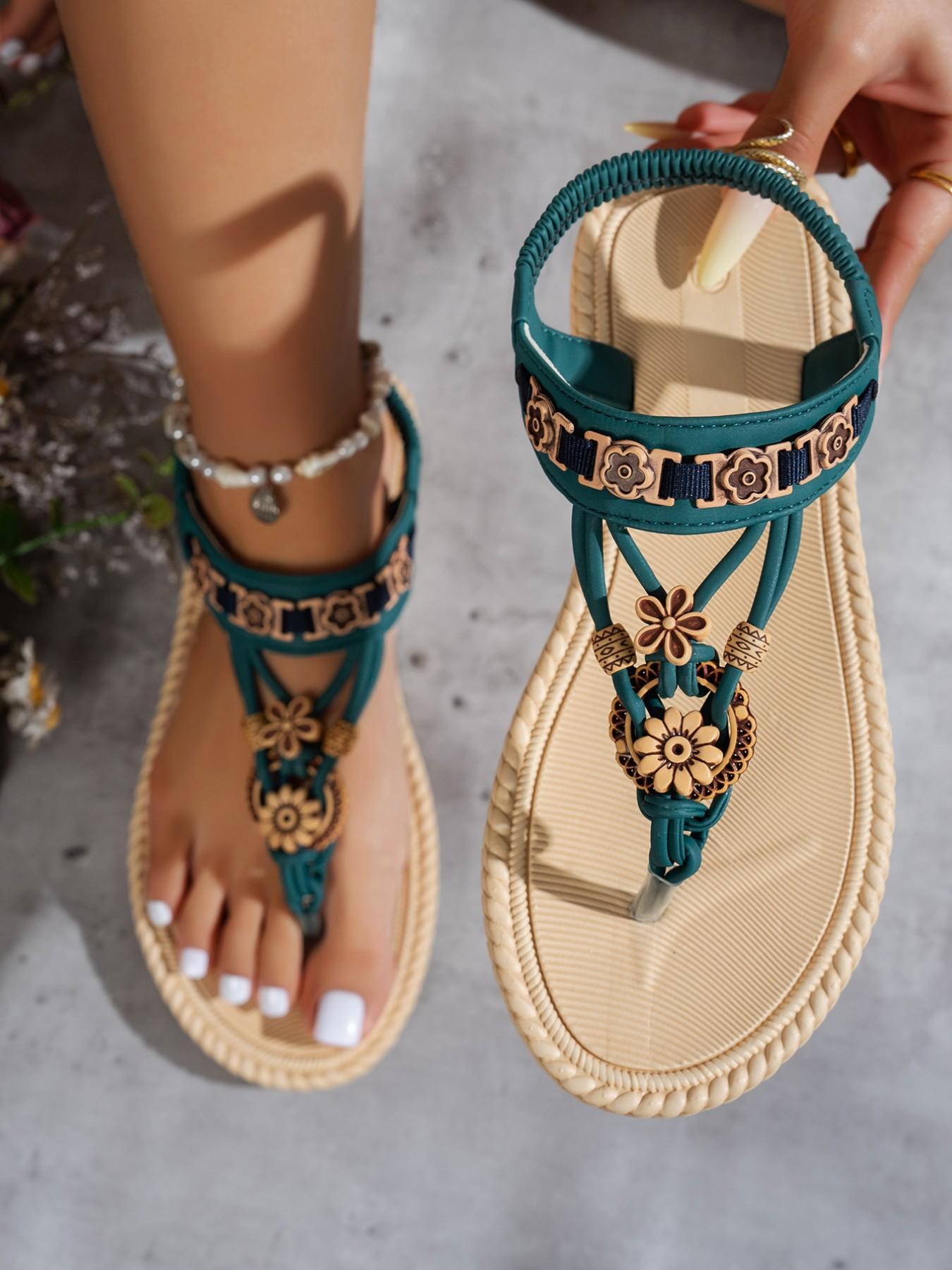 Boho Style Women's Flat Sandals, Elegant Fashion Round Toe Beaded Flower Beach Shoes, Casual Outdoor Slides for Vacation, Flat Sole, Eva Material
