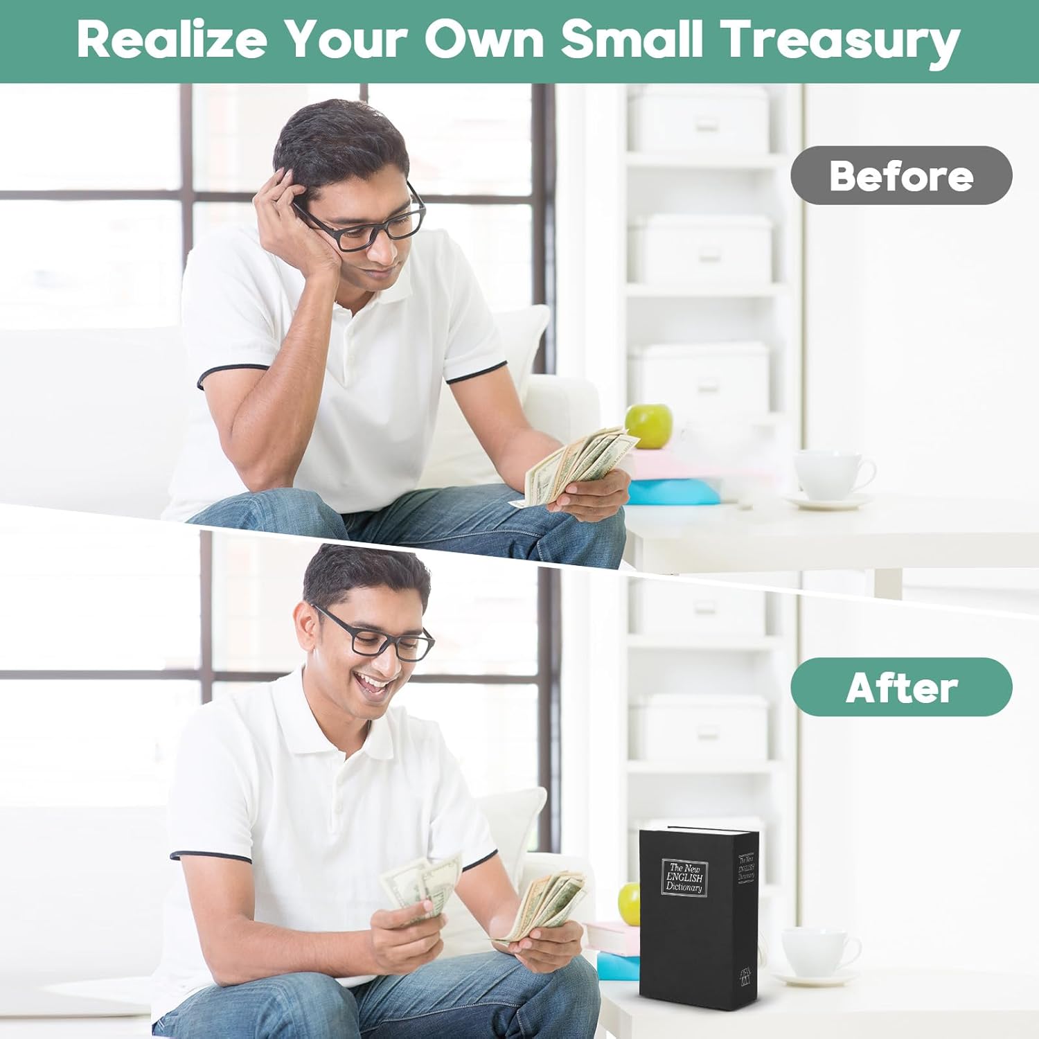 Simulated Book Storage Box with Combination/Key Lock, Black Portable Metal Secret Storage Box, Hidden Container for Cash and Jewelry with Two Keys, Suitable for Home o Office Use.