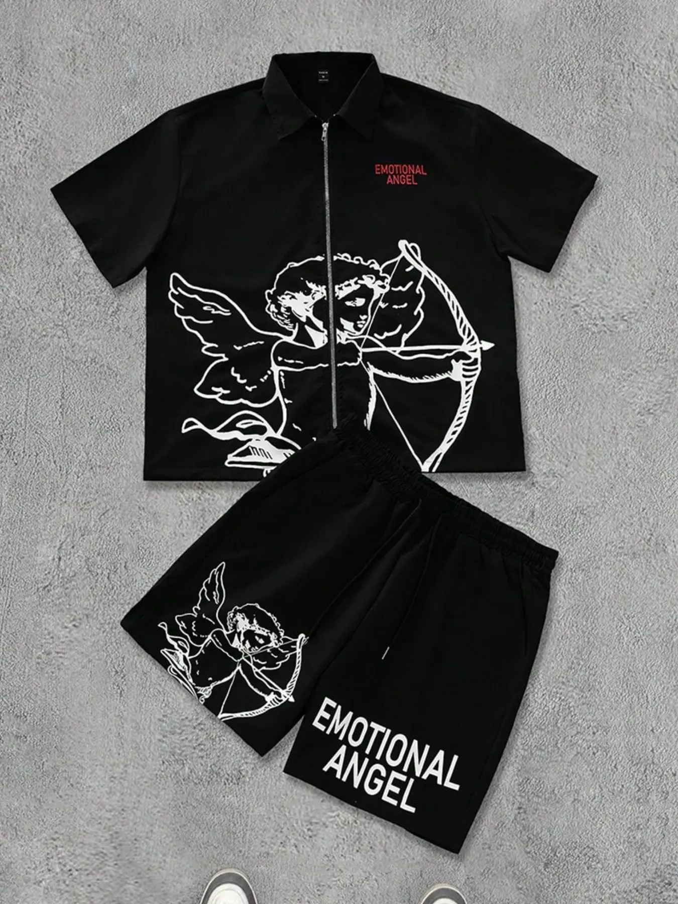 Two-Piece Set Men's Angel Print Zip Up Jacket & Shorts, Regular Fit Casual Street Short Sleeve Collared Outerwear & Drawstring Waist Shorts, Men's Summer Clothes