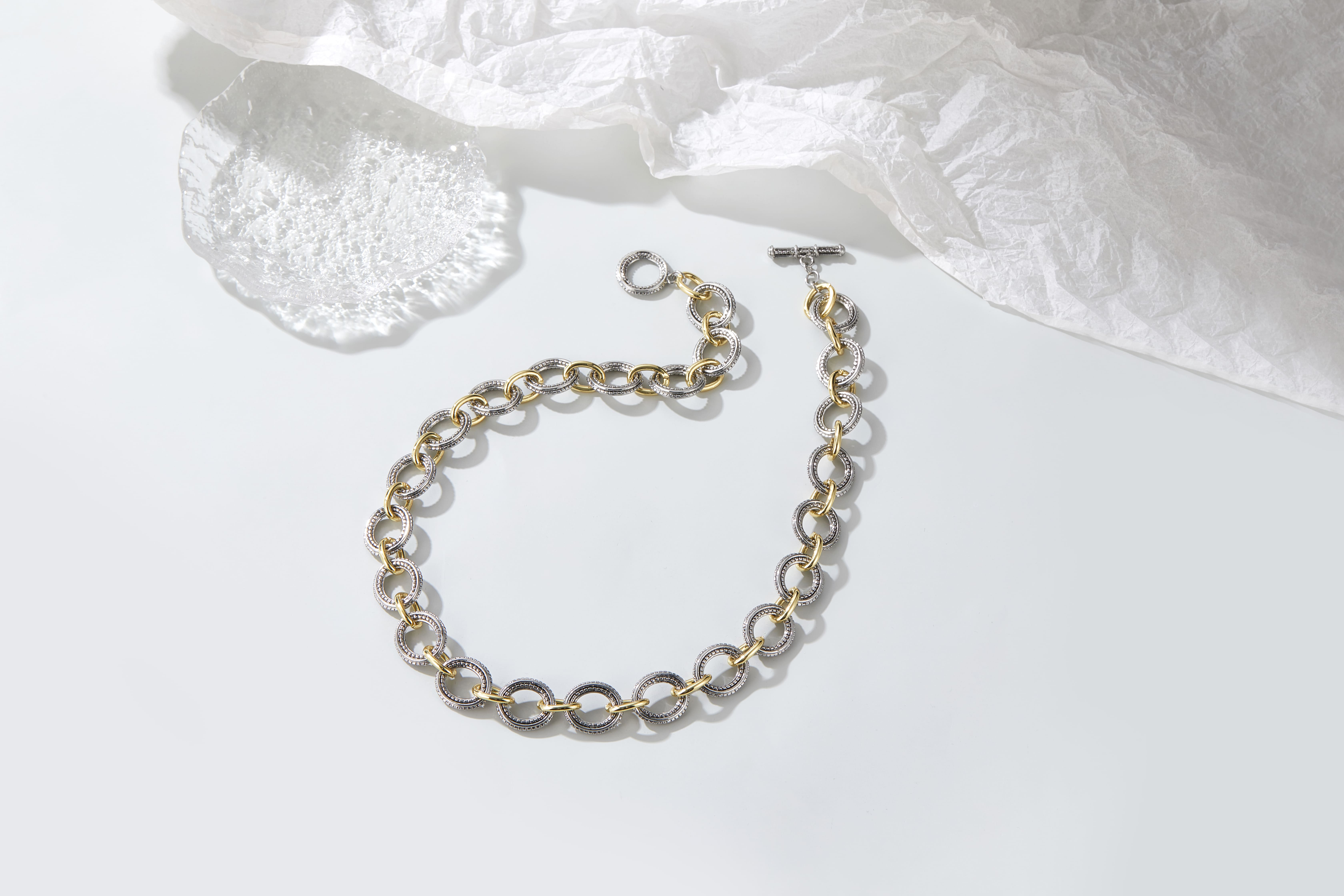 Aprilery Two-Tone Textured Chain Jewelry Set – Classic Link Necklace and Bracelet for Women