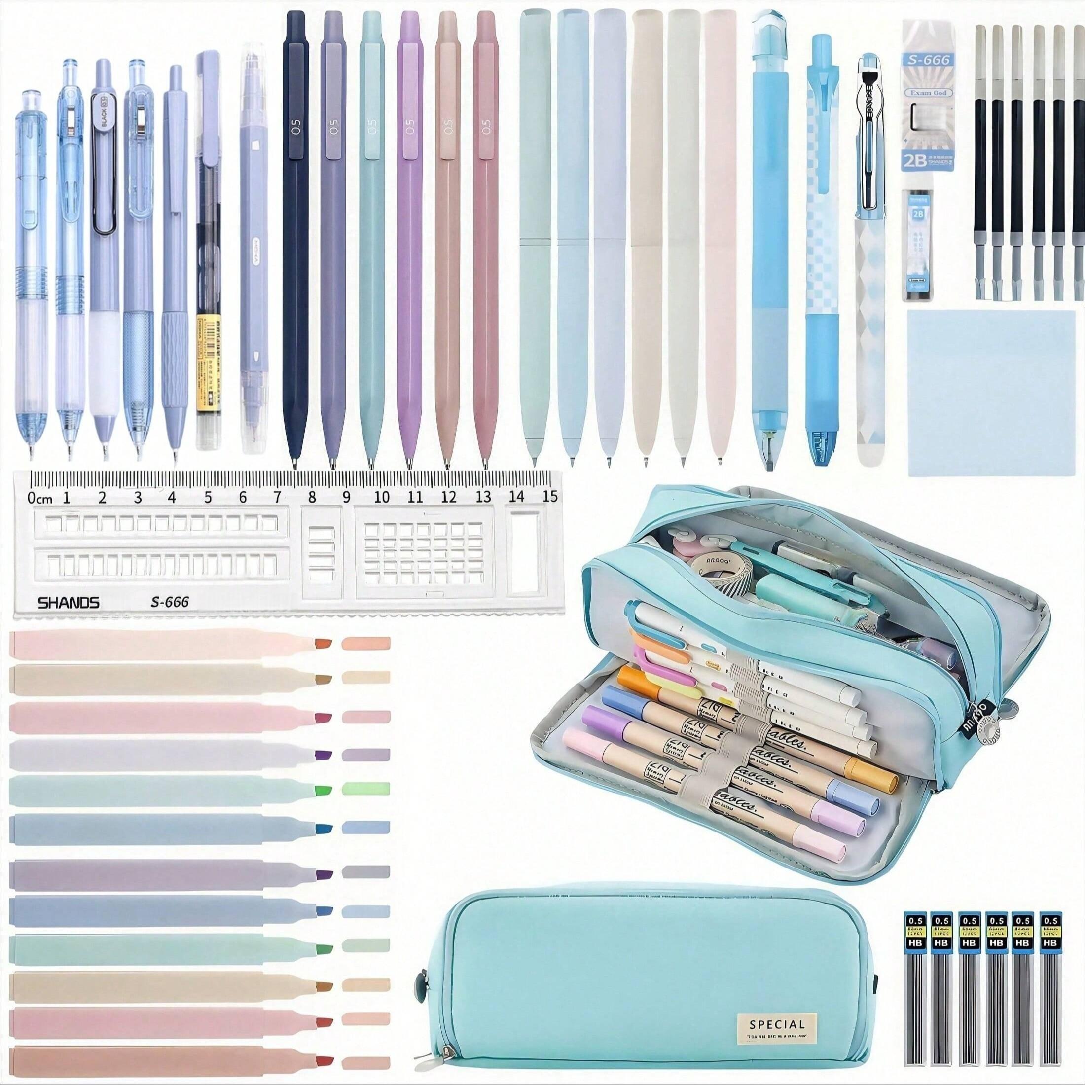 50pcs Morandi Stationery Set, Back to School, Large Capacity Pencil Case, Gel Pens, Mechanical Pencils, Highlighters, Sticky Notes, Eraser, Ruler