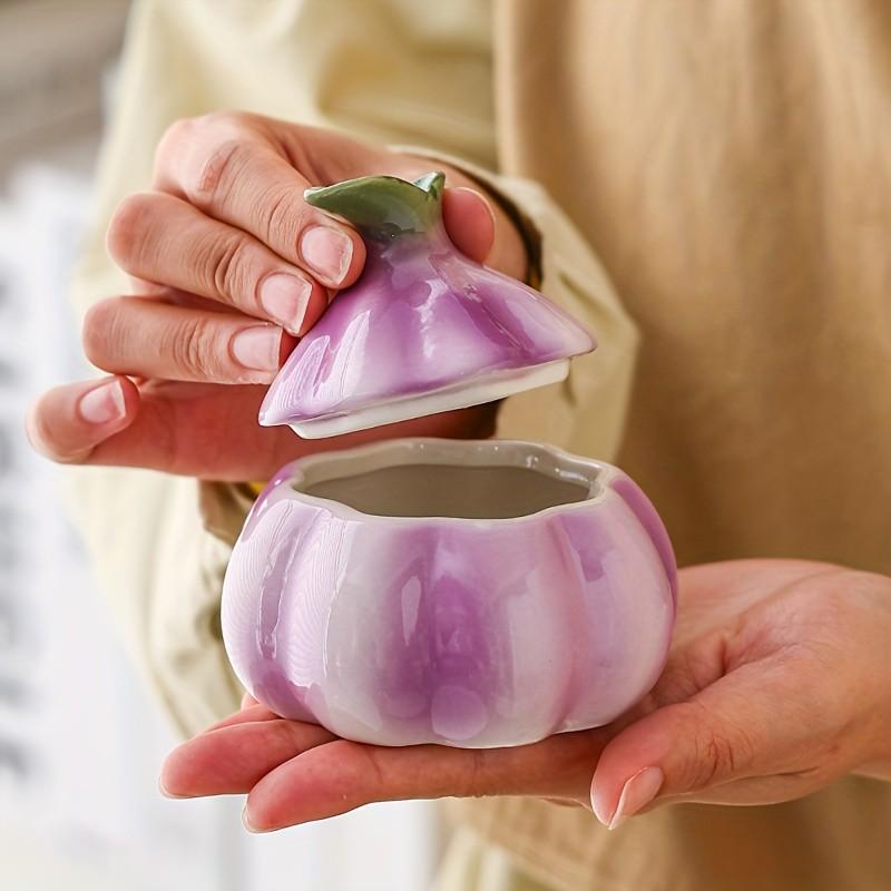 Garlic Shaped Ceramic Canister | Purple Glazed Kitchen Storage Jar for Spices Treats | Decorative Countertop Organizer with Vintage Farmhouse Charm | Functional Decor for Home Cooks & Collectors | US Culinary Accent Piece