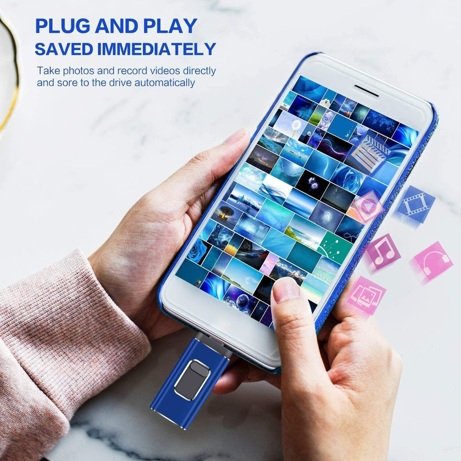 4-in-1 External Flash Drive for iPhone & Type-C & Android & Computer, USB 3.0 Memory Stick Photo Stick Thumb Drive, Photo & File Backup with App, Portable OTG PenDrive, 64GB 128GB 256GB 512GB 1TB, Christmas Gift for Boyfriend & Husband & Wife