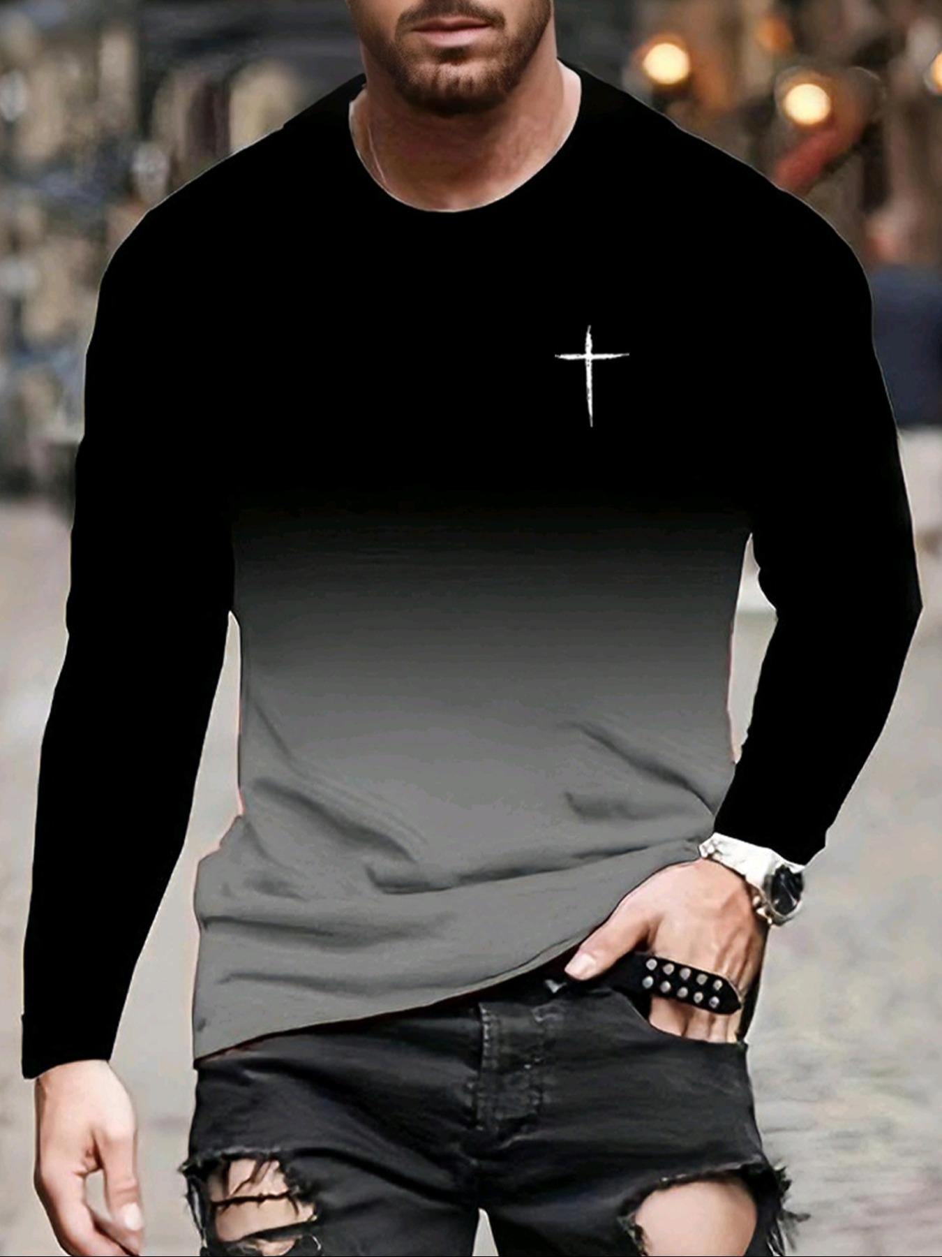 Men's cross-pattern gradient print simple long-sleeved crew neck pullover Shirt Tops, suitable for casual, stylish, comfortable, and sporty everyday wear in spring and autumn.