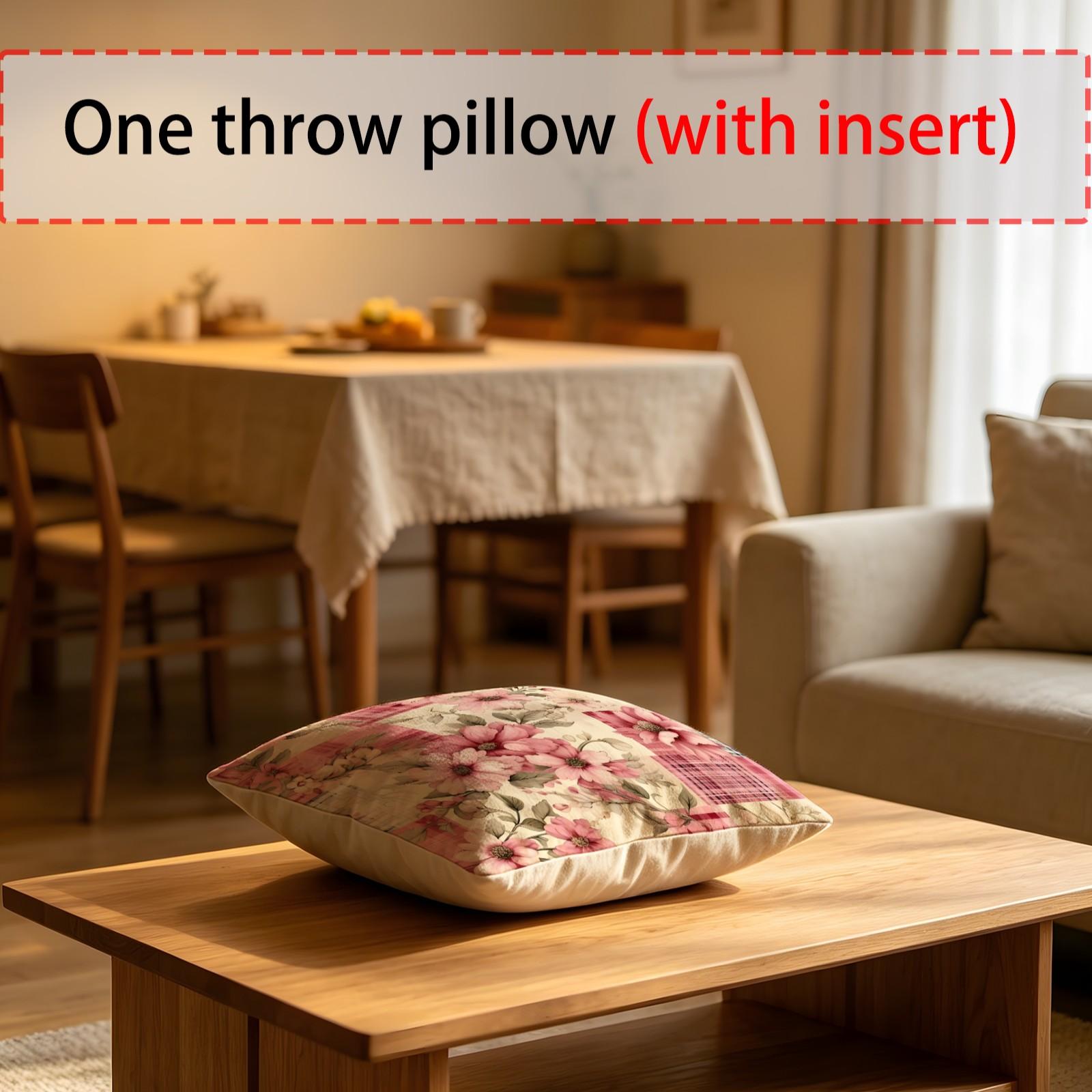 Vintage Floral Gingham Patchwork Digital Print Throw Pillow, Soft Square Decorative Accent Pillow Cushion Includes Pillow Core, Cottage Style Pillow for Sofa Couch Window Bench, Machine Washable Country Home Decor Gift for Women, Polyester Fiber Cushion