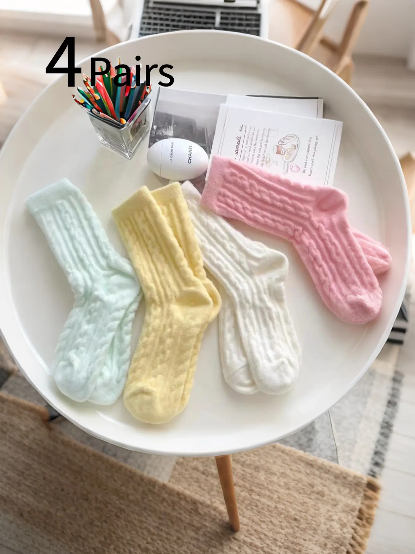 4 Pairs Women's Socks, Autumn Winter Sweet Japanese Style, Knit Textured Fuzzy Mid-Calf, Plain Color, Warm Sleep Socks, Soft Comfort, Everyday