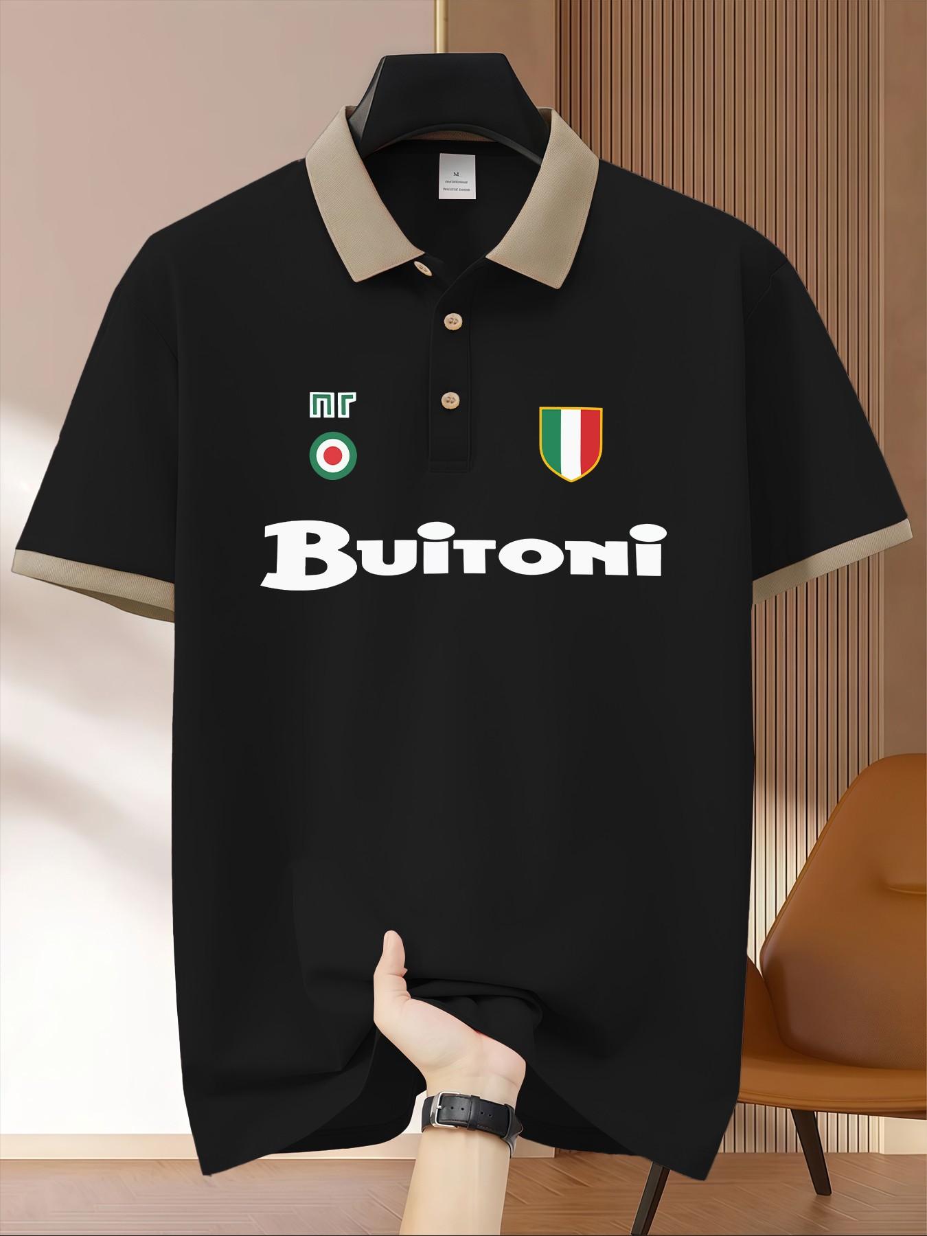 Buitoni Italian Flag Shield Vintage Print Polo Shirt, Business Casual Men's Short Sleeve Knitwear, Daily Commute Office Wear Top