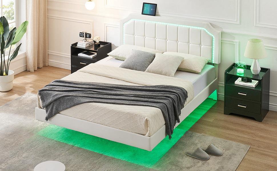 GARVEEFloating Queen Bed Frame with RGB LED Lights, Adjustable Upholstered Headboard, Metal Construction, Easy Assembly, Modern Design, White