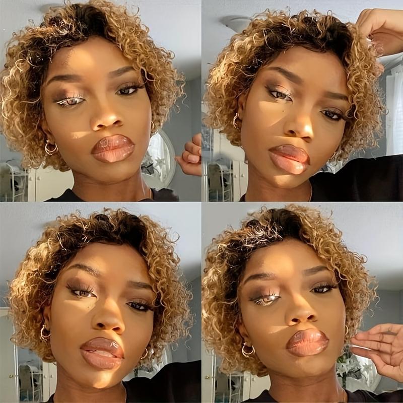 13X1 Curly Lace Front Wig 6 Inch Curly Lace Front Human Hair Wigs - Customized Ginger Blonde Wine red Colored Short Pixie Cut Water Wave Dark Rooted To Ginger Orange Color - 13x1 Transparent Lace Frontal Wigs For Women