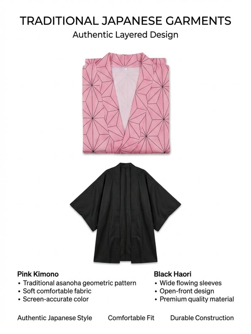 Demon Slayer Nezuko Cosplay Costume Set, Complete Anime with Kimono Bamboo Props, Halloween Cosplay for Women Demon Slayer Nezuko Cosplay Costume Set, Complete Anime with Kimono Bamboo Props, Halloween Cosplay for Women