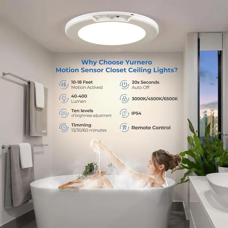 Rechargeable Motion Sensor Ceiling Light, 2-Pack Battery Operated LED Lamp with Remote Control, Ultra-Thin Design for Closet & Indoor Use