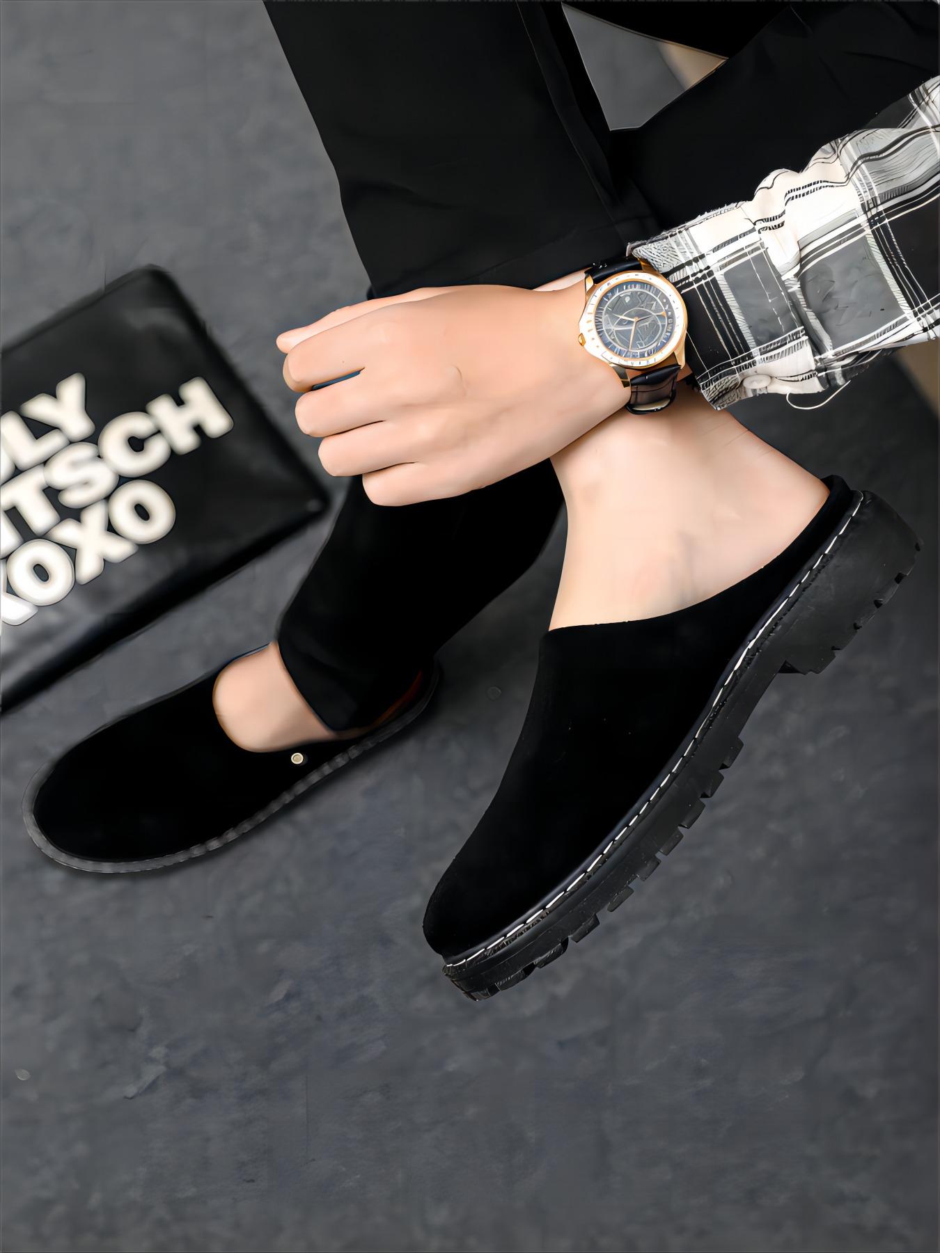 Black frosted toe cap mules - thick-soled, flat-heeled casual commuting men's loafers, Birkenstocks