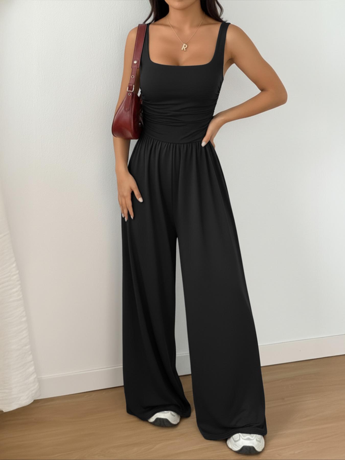 Women's Latest Casual Knitted Plain Square Neck Vest, Fashion Comfort Simple Versatile Fitted Wide Leg Jumpsuit