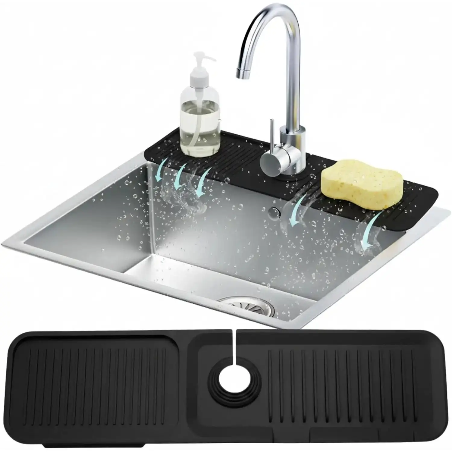 24'' Kitchen Sink Faucet Mat Splash Guard, Silicone Draining Mat Behind Faucet with 5 Degree Slope and Snap Lock Fit for Fast Self-Draining