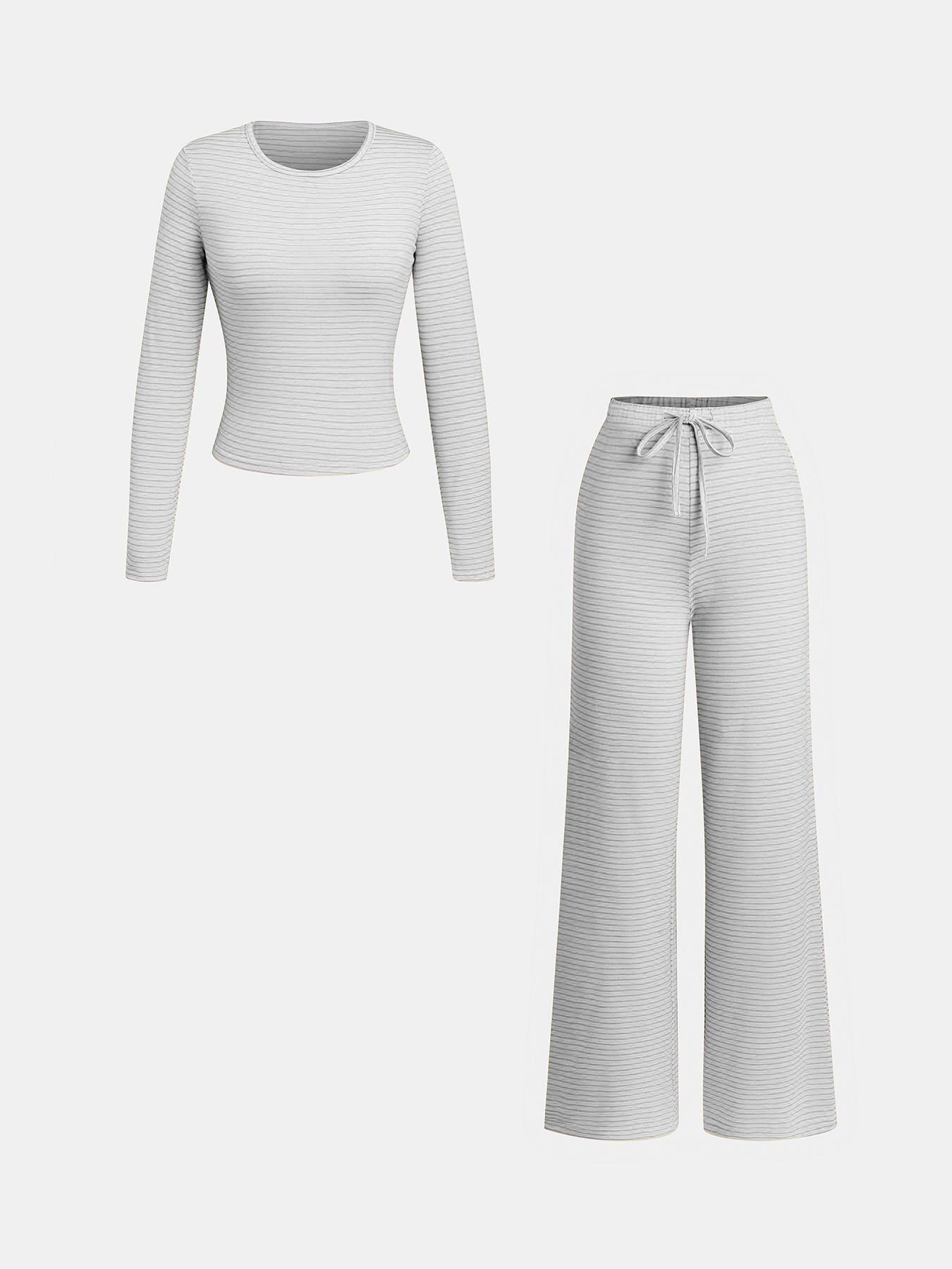 Women's Striped Print Long Sleeve Tee & Pants, Casual Two-piece Set for Daily Wear, Ladies Two-piece Outfits for All Seasons