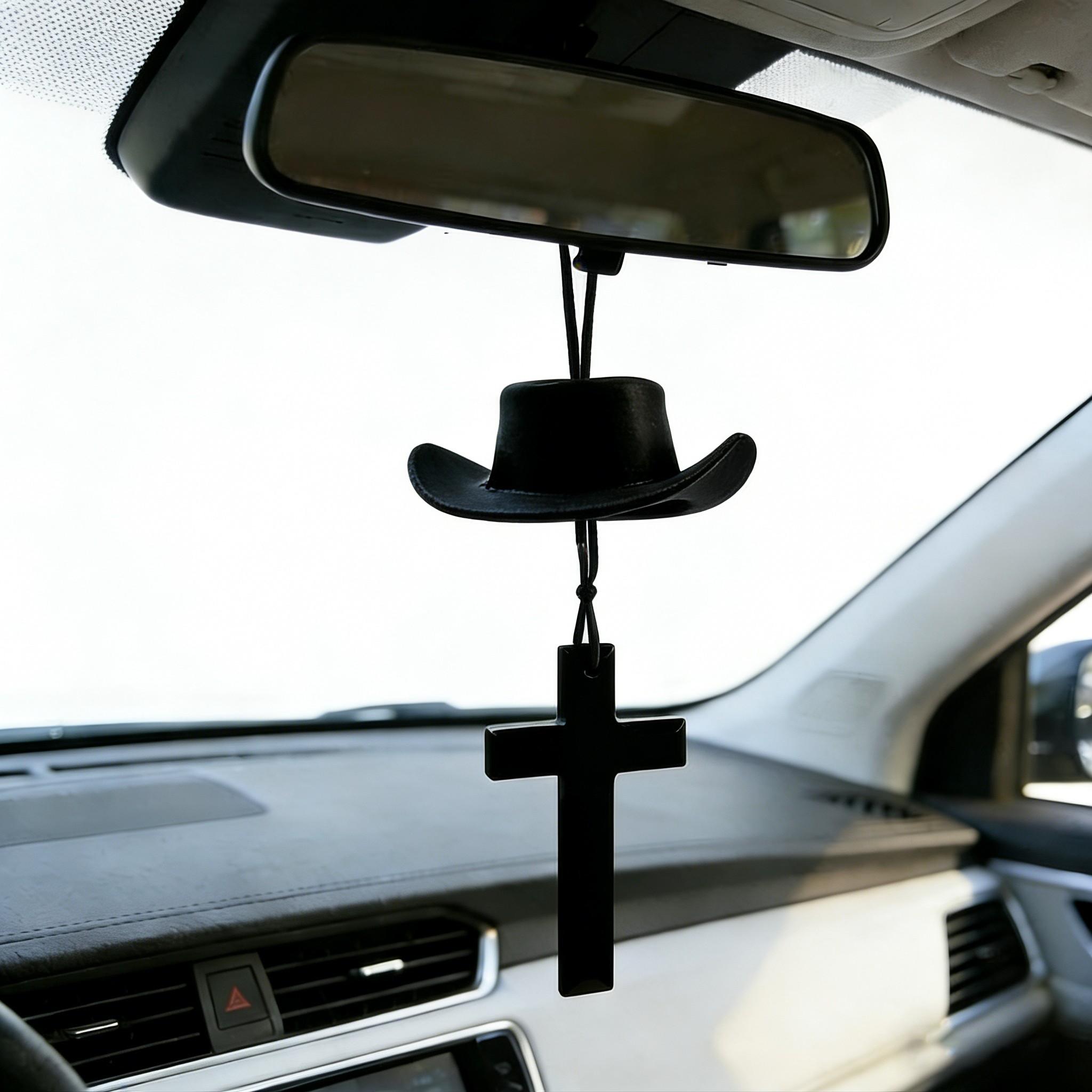 1pc Cowboy Hat with Cross Car Hanging Ornament, Plastic Mini Hat & Wooden Cross Rearview Mirror Decor, Western Christian Faith Car Interior Decor, Country Auto Pendant Gift for Men Women Truck Drivers