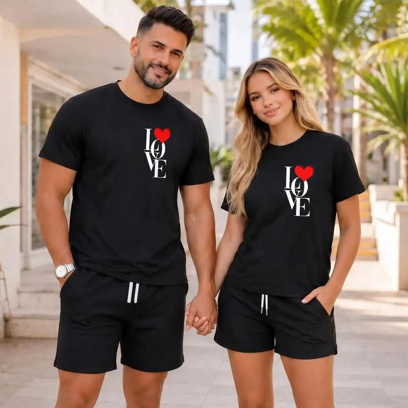 Couples’ Matching Love Heart Oversized Shortsleeve T-Shirts - Unisex His and Hers Sport Casual Fabric Tees, Summer Style Outfit for Vacation, Daily Wear, Matching Set