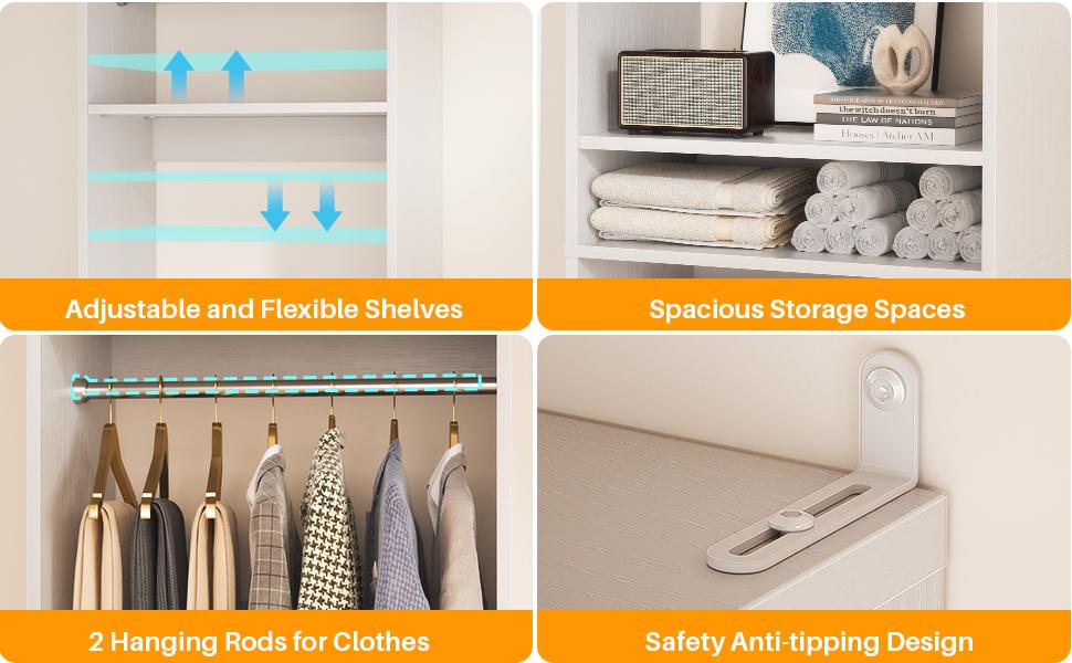 Cyclysio 75” Closet System with Shoe Rack and Hanging Rods, Modern Walk-in Closet Organization Wardrobe with Wooden Drawers and Mirror and Shelves