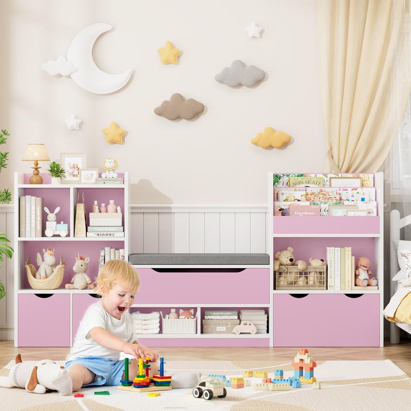 FOTOSOK 72'' Kids Bookshelf with Reading Nook, Large Toy Storage Organizer with Seat Cushion and 3 Movable Drawers, Kids Reading Nook Toy Organizers and Storage with Bench for Playroom