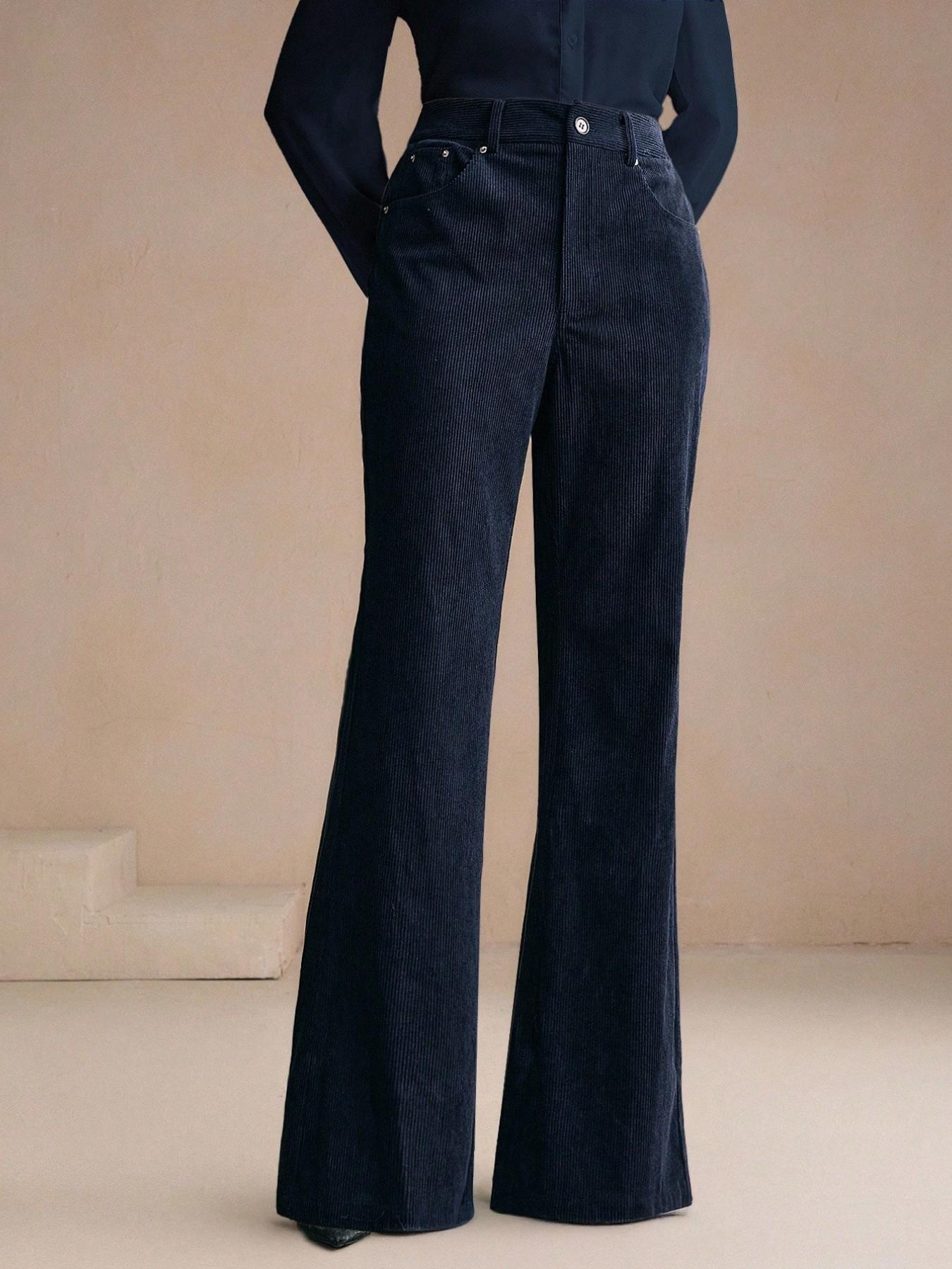 Women's Corduroy Rivet Pocket Flare Pants, Elegant Business Casual Style, Versatile Commuter Essential, Fashion Office Wear