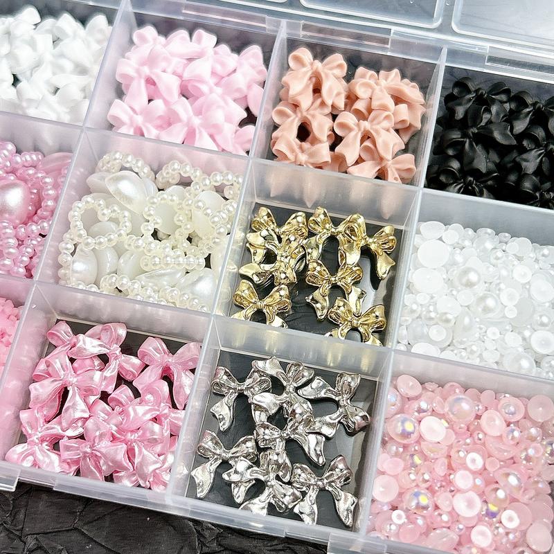 1 Box Pure Color Bow Resin Nail Charms Minimalist Half Round Pearl Alloy Bows Nail Art Decorations DIY Phone Case Nail Crafts