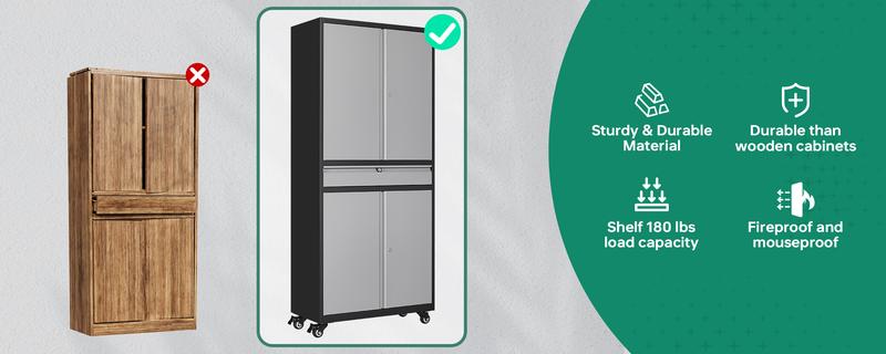 Letaya Metal Garage Storage Cabinet with Wheels, 72” Rolling Tool Cabinet, 4 Door Locks, Adjustable Shelves & Drawer for Home Office Utility Room Furniture Lockable