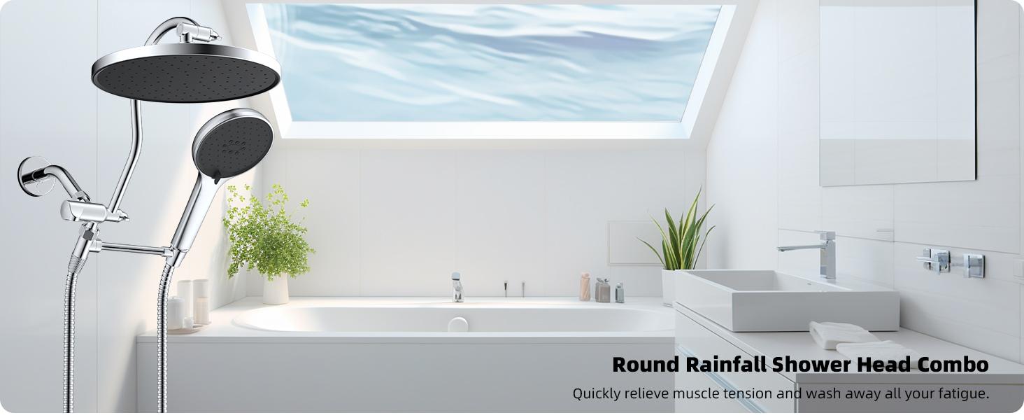 Hibbent Self-cleaning Shower Head, 10'' High Pressure Shower Head, Showerhead Combo/Handheld Shower Head, 12'' Adjustable Curved Shower Extension Arm, 71'' Hose, 2 Shower Holders