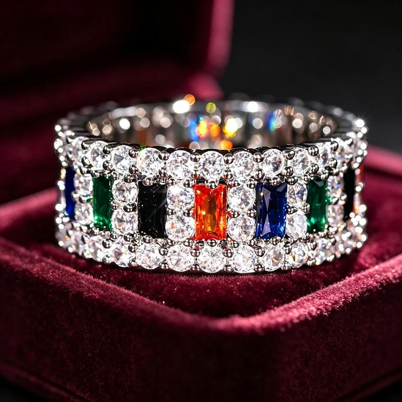 Women's Full-Eternity Wide Band Ring - Multi-Hue Baguette Stones, Round-Stone Border, Bright Colored Statement Ring, Female Costume Jewelry for Valentine's Day, Wedding, Evening Events
