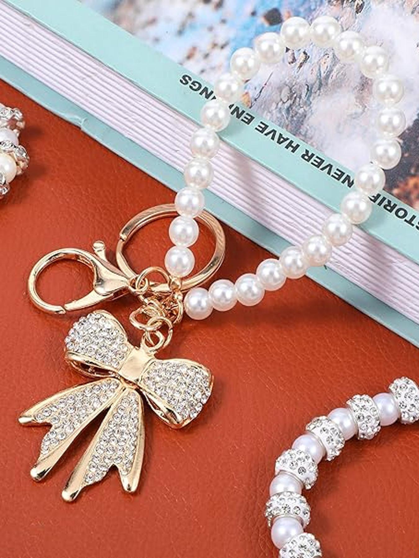 Women's Bow Keychain Rhinestone Imitation Pearl Chain Shiny Wallet Charm Bag Handbag Accessories Elegant Design Keychain Bag Pendant Trendy Cute Keychain Bling Bling Keychain For Bags Keychain For Purse Cute Keychain Accessory