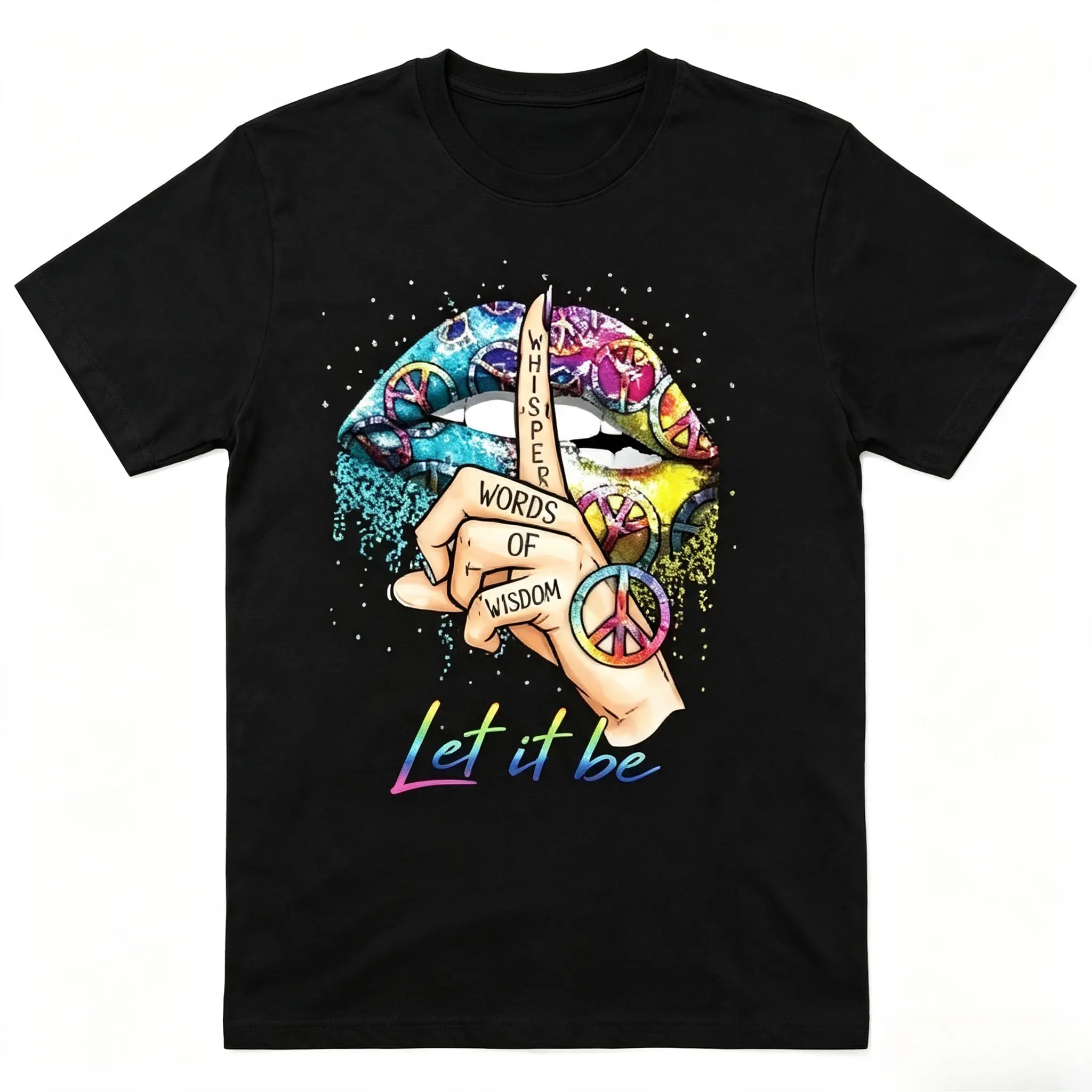 Let It Be Peace Sign Colorful Lips Hand Graphic Cotton T-Shirt, Oversized Comfort Fashion Outfit, Hippie Retro Casual Top, Perfect Valentine's Day Holiday Gift for Lovers, Family, Friends For Him Her