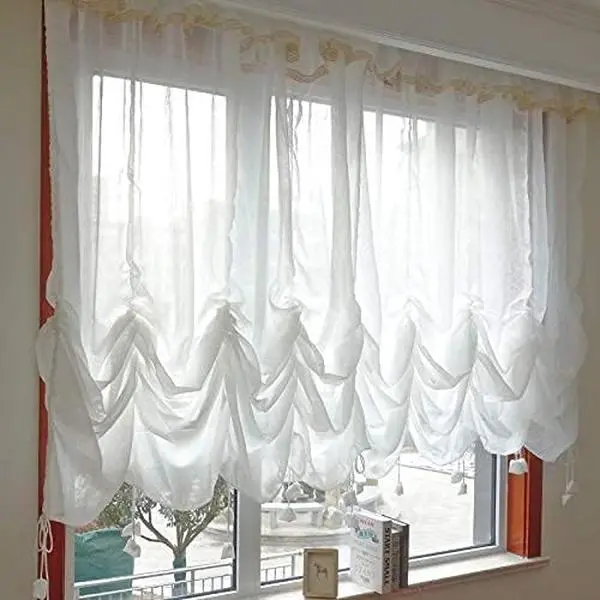 Sheer Lace Curtain with Attached Valance, 1 Panel White Balloon Curtain 78"x59", Adjustable Tie-Up Tulle Shade for Window or Door,  Shabby Chic Style